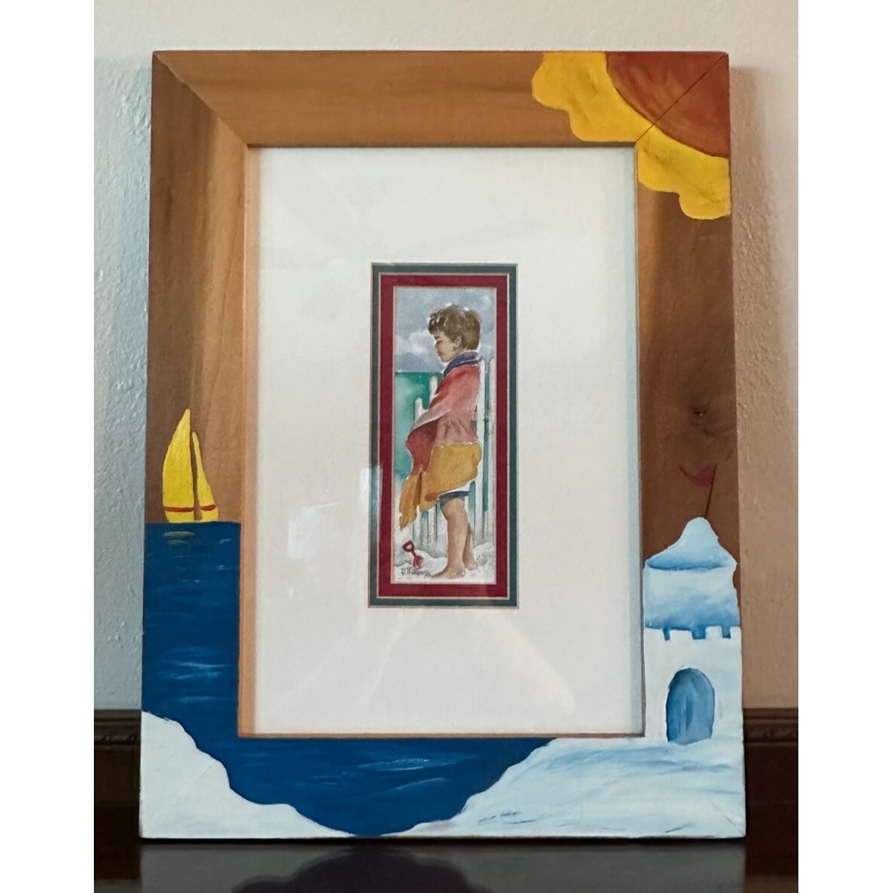 Donna Burgess Watercolor Child Beach 21 x 16'' Signed & Hand Painted Frame